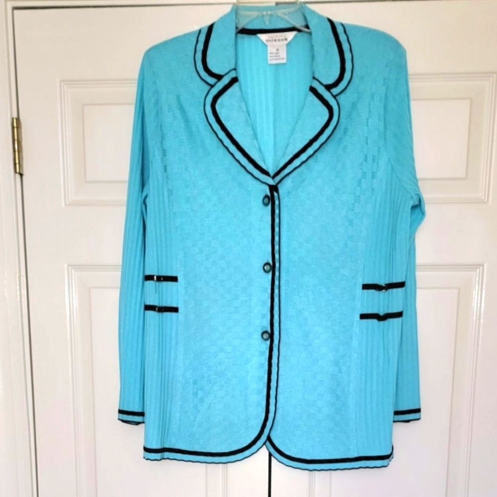 MISOOK Turquoise Cardigan Jacket with Black Accents Medium